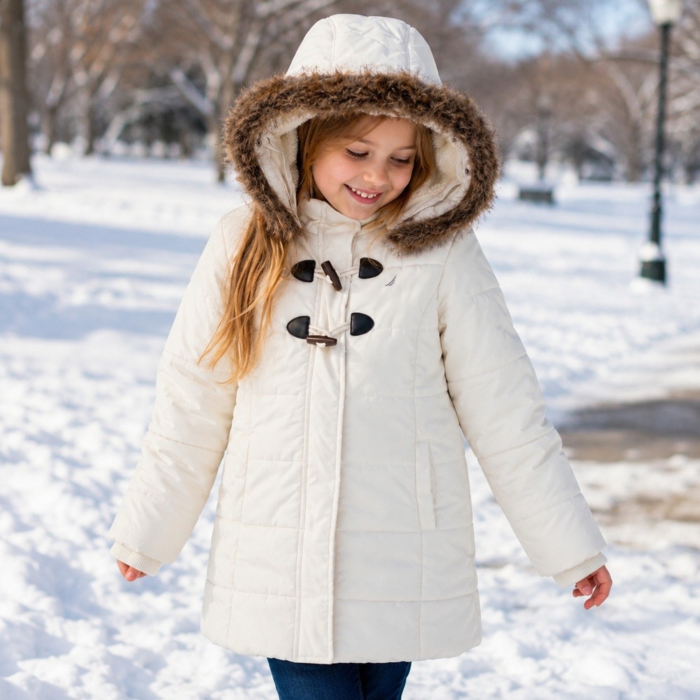 Nautica Girls Size 5 Cream Winter Puffer Coat Faux Fur Hood Insulated